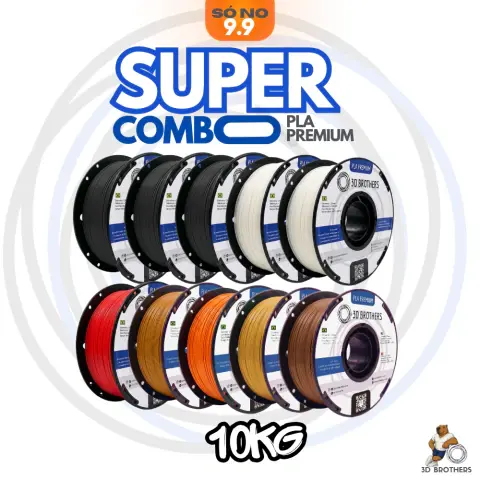 COMBO FILAMENTO PLA PREMIUM - 10KG (3 PRETO + 2 BRANCO + 5 COLORIDOS)